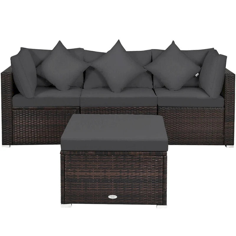 Set Mobili da Giardino in Rattan 4 Pezzi con Cuscini e Cuscini Decorativi Rimovibili - Divano ad Angolo: 74 x 74 x 63,5