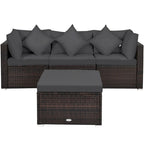 Set Mobili da Giardino in Rattan 4 Pezzi con Cuscini e Cuscini Decorativi Rimovibili - Divano ad Angolo: 74 x 74 x 63,5