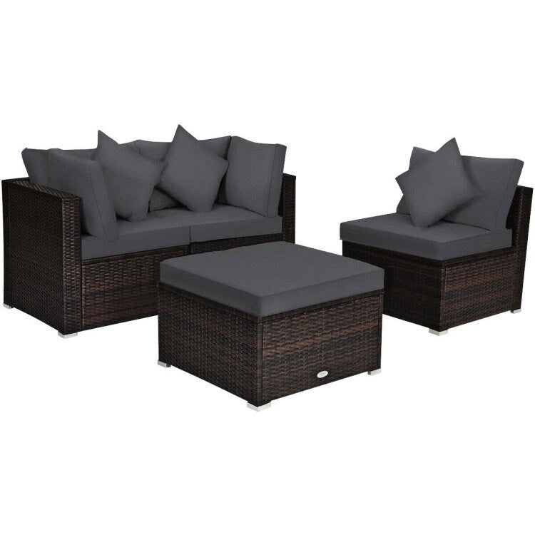 Set Mobili da Giardino in Rattan 4 Pezzi con Cuscini e Cuscini Decorativi Rimovibili - Divano ad Angolo: 74 x 74 x 63,5