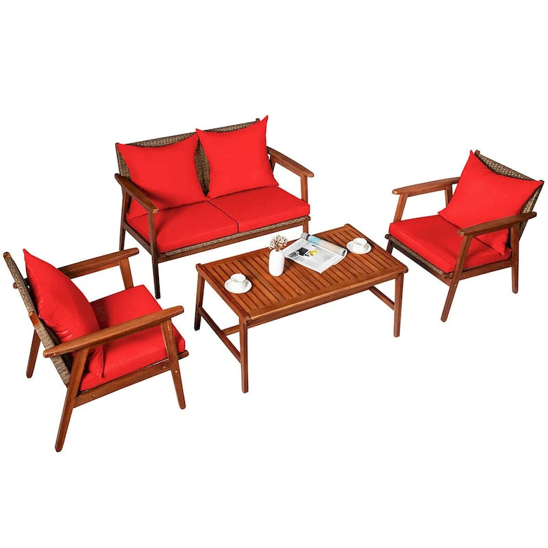 Costway Set Mobili da Giardino in Rattan 8 Pezzi con Telaio in Legno di Acacia e Cuscini