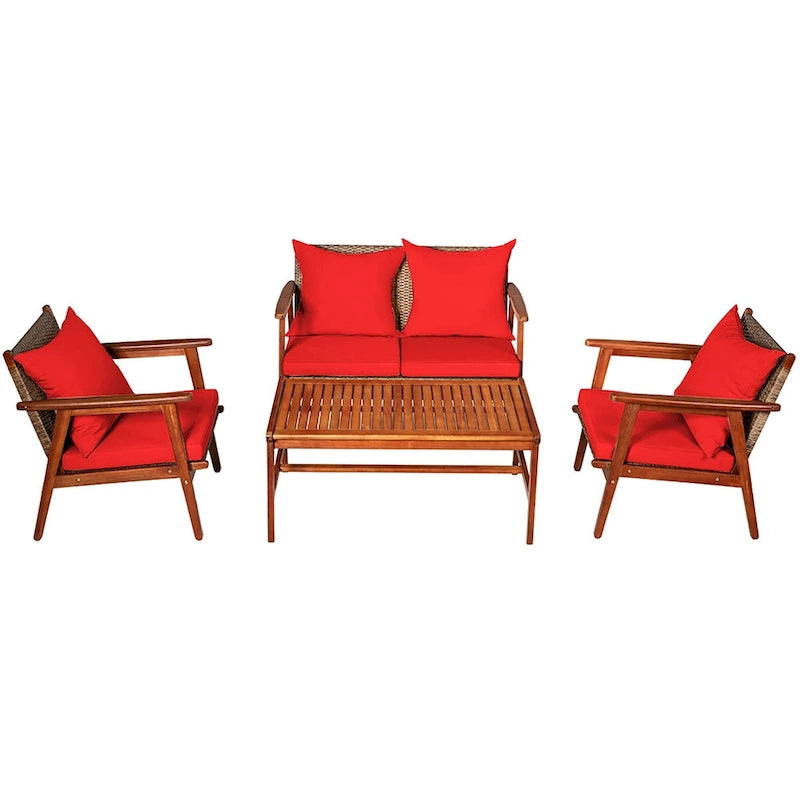 Costway Set Mobili da Giardino in Rattan 8 Pezzi con Telaio in Legno di Acacia e Cuscini