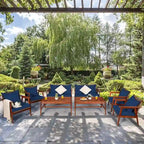 Costway Set Mobili da Giardino in Rattan 8 Pezzi con Telaio in Legno di Acacia e Cuscini