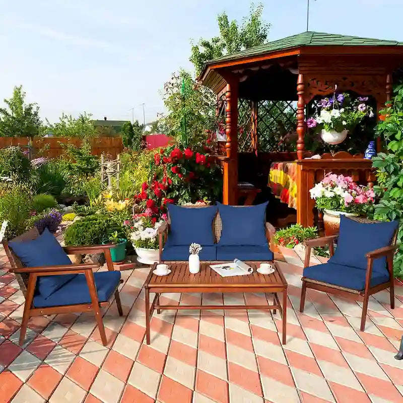 Costway Set Mobili da Giardino in Rattan 8 Pezzi con Telaio in Legno di Acacia e Cuscini