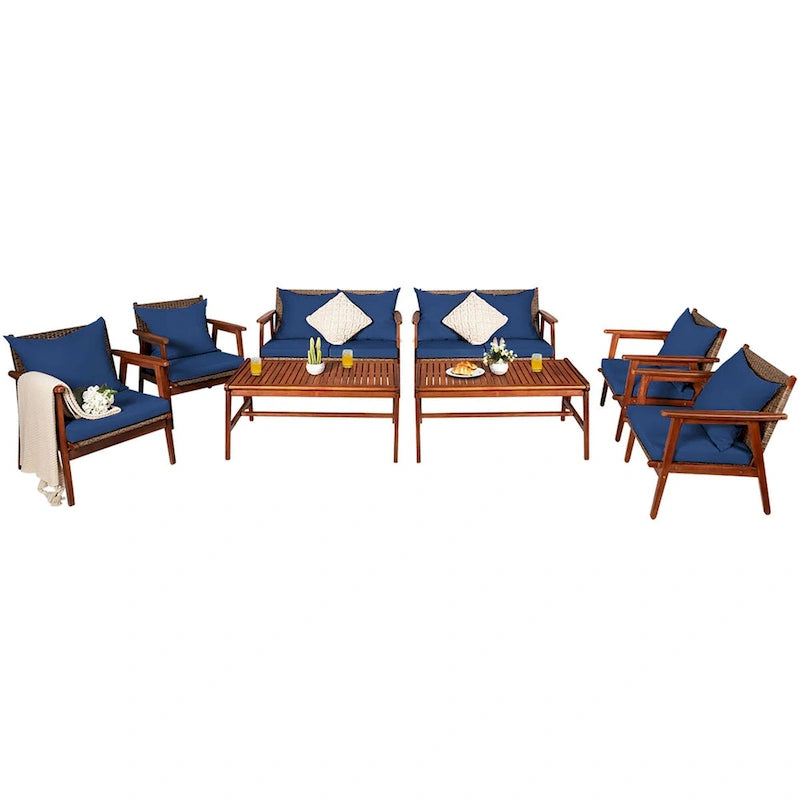 Costway Set Mobili da Giardino in Rattan 8 Pezzi con Telaio in Legno di Acacia e Cuscini