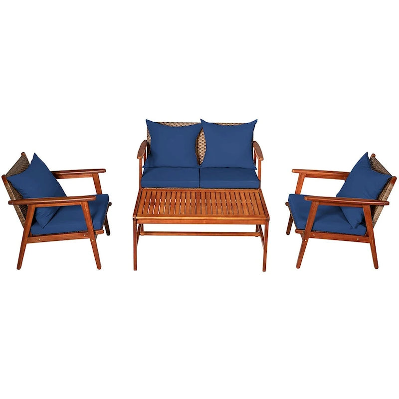 Costway Set Mobili da Giardino in Rattan 8 Pezzi con Telaio in Legno di Acacia e Cuscini