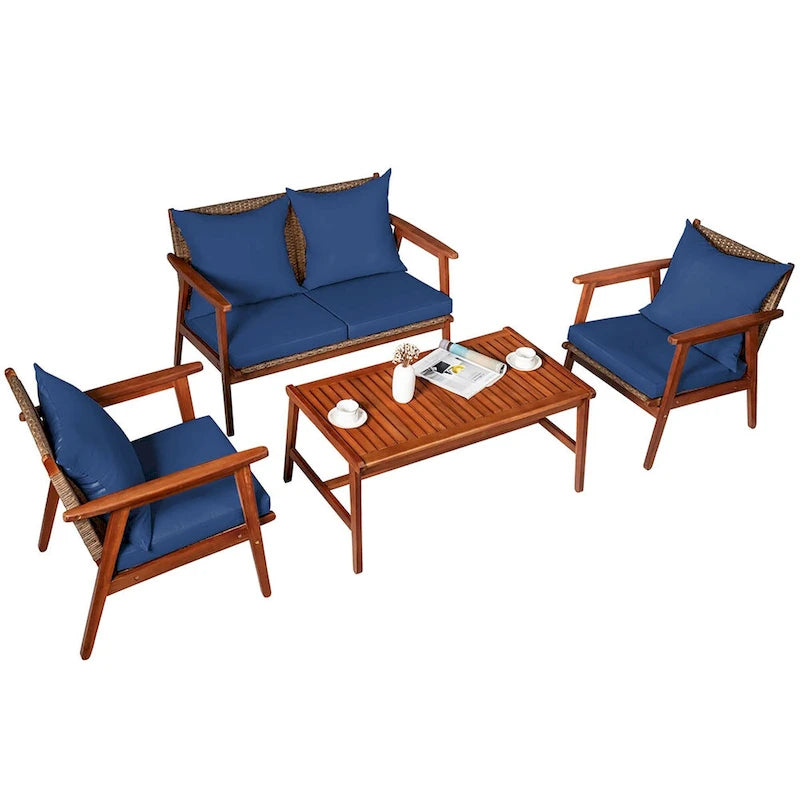 Costway Set Mobili da Giardino in Rattan 8 Pezzi con Telaio in Legno di Acacia e Cuscini