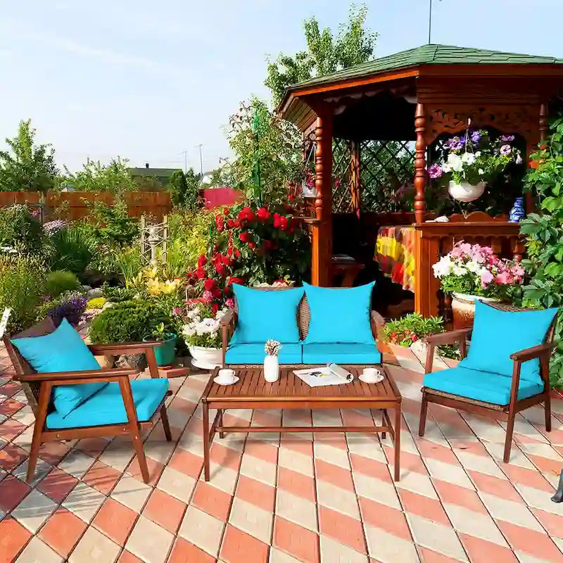 Costway Set Mobili da Giardino in Rattan 8 Pezzi con Telaio in Legno di Acacia e Cuscini