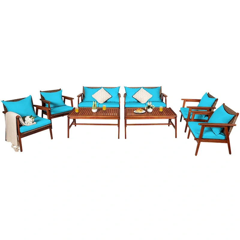 Costway Set Mobili da Giardino in Rattan 8 Pezzi con Telaio in Legno di Acacia e Cuscini