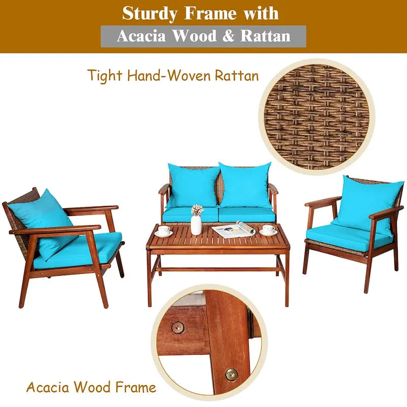 Costway Set Mobili da Giardino in Rattan 8 Pezzi con Telaio in Legno di Acacia e Cuscini