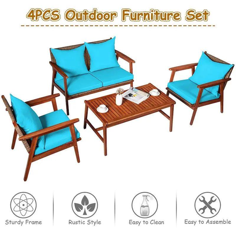 Costway Set Mobili da Giardino in Rattan 8 Pezzi con Telaio in Legno di Acacia e Cuscini