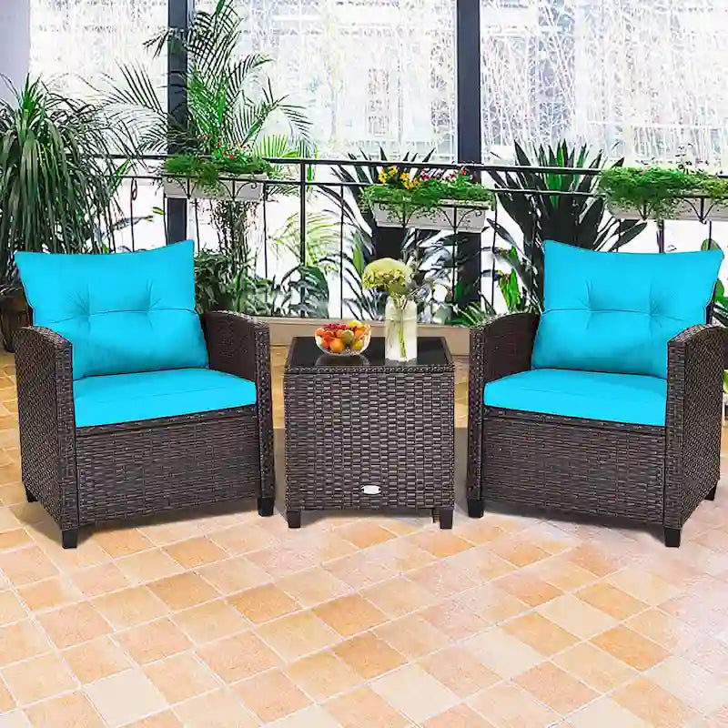 Gymax Set Salotto da Esterno in Rattan 3 Pezzi con Tavolino - Vedi Dettagli