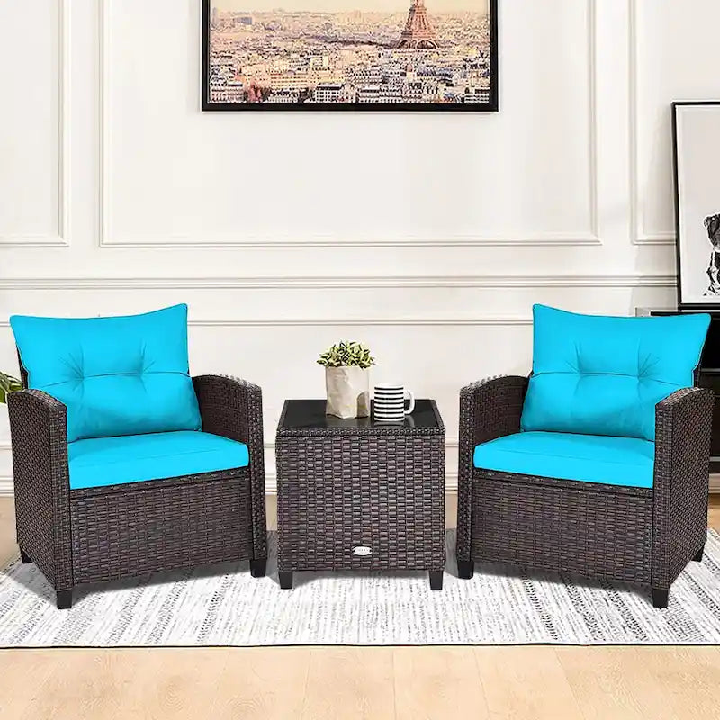 Gymax Set Salotto da Esterno in Rattan 3 Pezzi con Tavolino - Vedi Dettagli