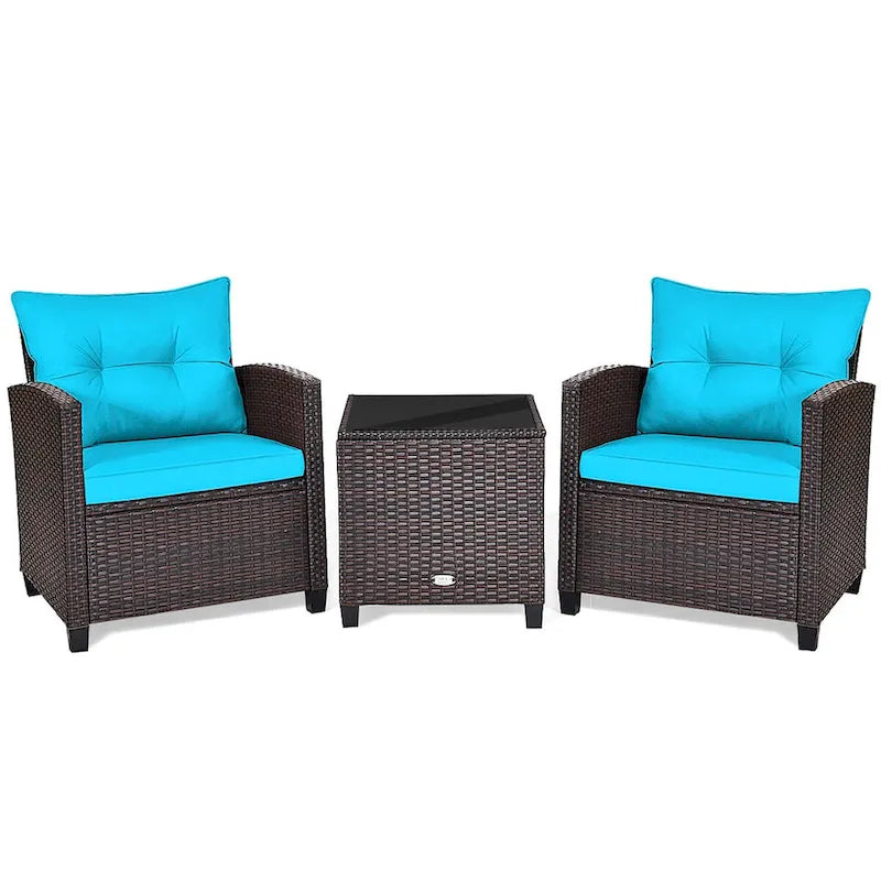 Gymax Set Salotto da Esterno in Rattan 3 Pezzi con Tavolino - Vedi Dettagli