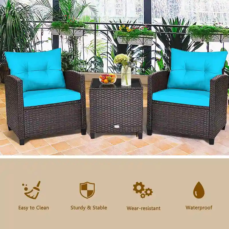 Gymax Set Salotto da Esterno in Rattan 3 Pezzi con Tavolino - Vedi Dettagli