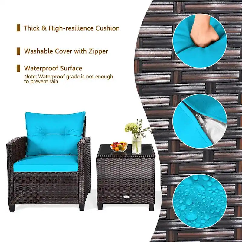 Gymax Set Salotto da Esterno in Rattan 3 Pezzi con Tavolino - Vedi Dettagli
