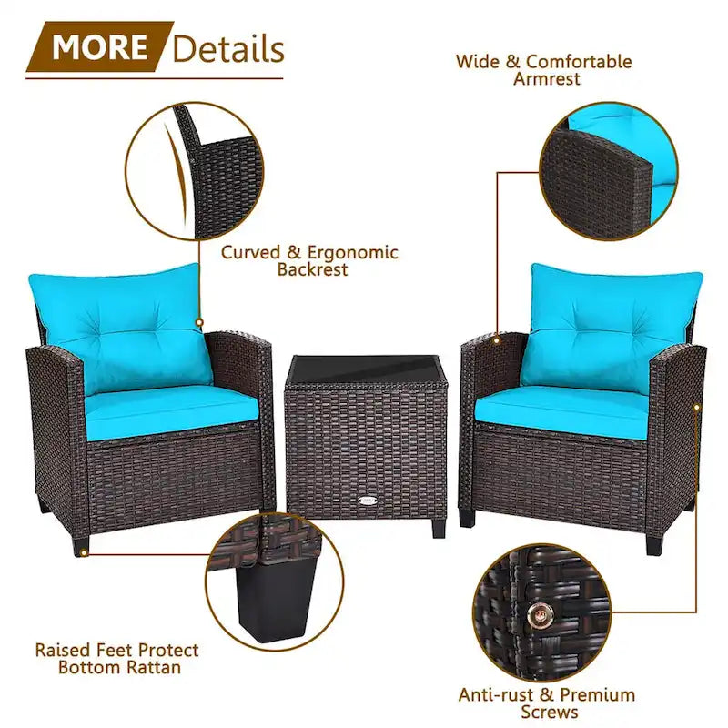 Gymax Set Salotto da Esterno in Rattan 3 Pezzi con Tavolino - Vedi Dettagli