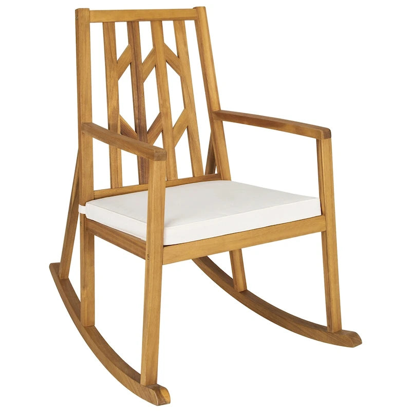 Gymax Sedia a Dondolo da Esterno in Legno di Acacia, a Dondolo da Giardino con Cuscini Beige