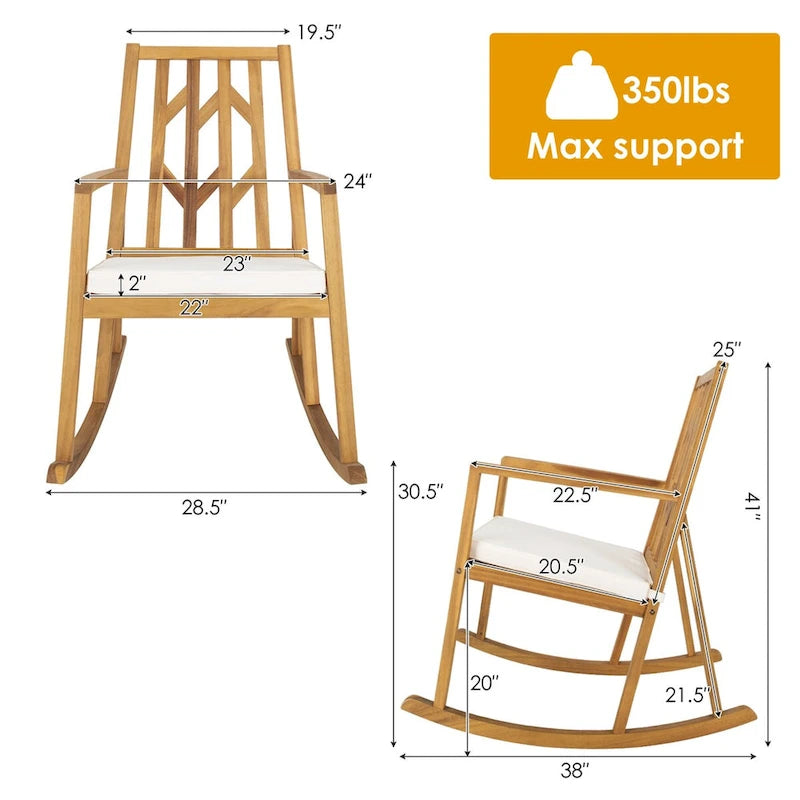 Gymax Sedia a Dondolo da Esterno in Legno di Acacia, a Dondolo da Giardino con Cuscini Beige