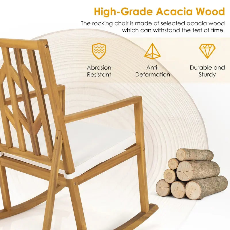 Gymax Sedia a Dondolo da Esterno in Legno di Acacia, a Dondolo da Giardino con Cuscini Beige