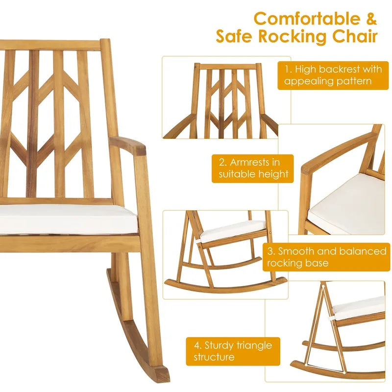 Gymax Sedia a Dondolo da Esterno in Legno di Acacia, a Dondolo da Giardino con Cuscini Beige