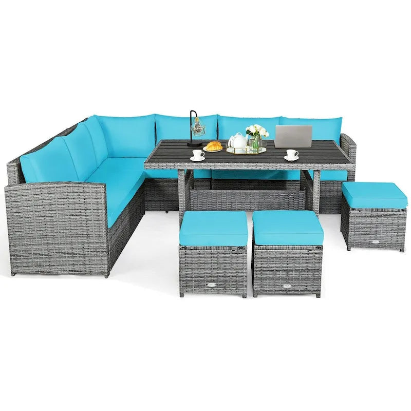 Ensemble de salle à manger d'extérieur en rotin 7 pièces avec canapé modulable, ottoman en osier et coussins moelleux