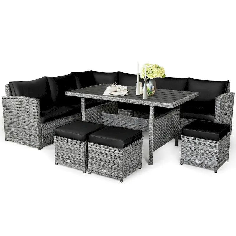 Ensemble de salle à manger d'extérieur en rotin 7 pièces avec canapé modulable, ottoman en osier et coussins moelleux