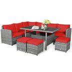 7 Pcs All-Weather Patio Rattan Dining Furniture Sectional Sofa Set with Wicker Ottoman and Cushed Couch