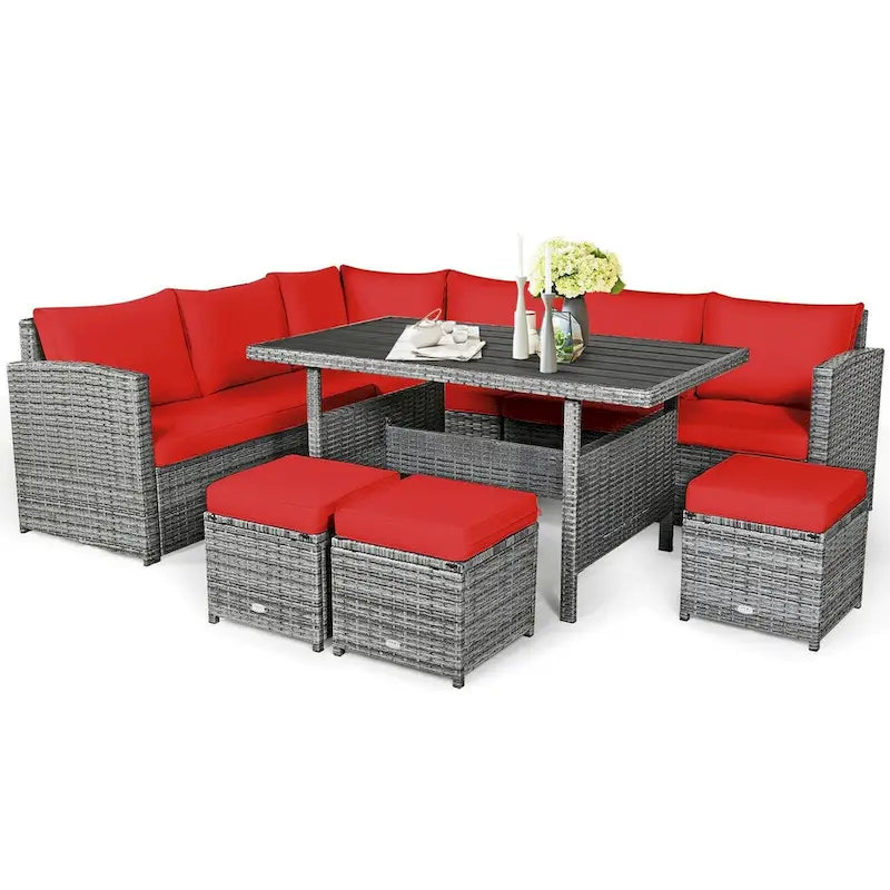 7 Pcs All-Weather Patio Rattan Dining Furniture Sectional Sofa Set with Wicker Ottoman and Cushed Couch