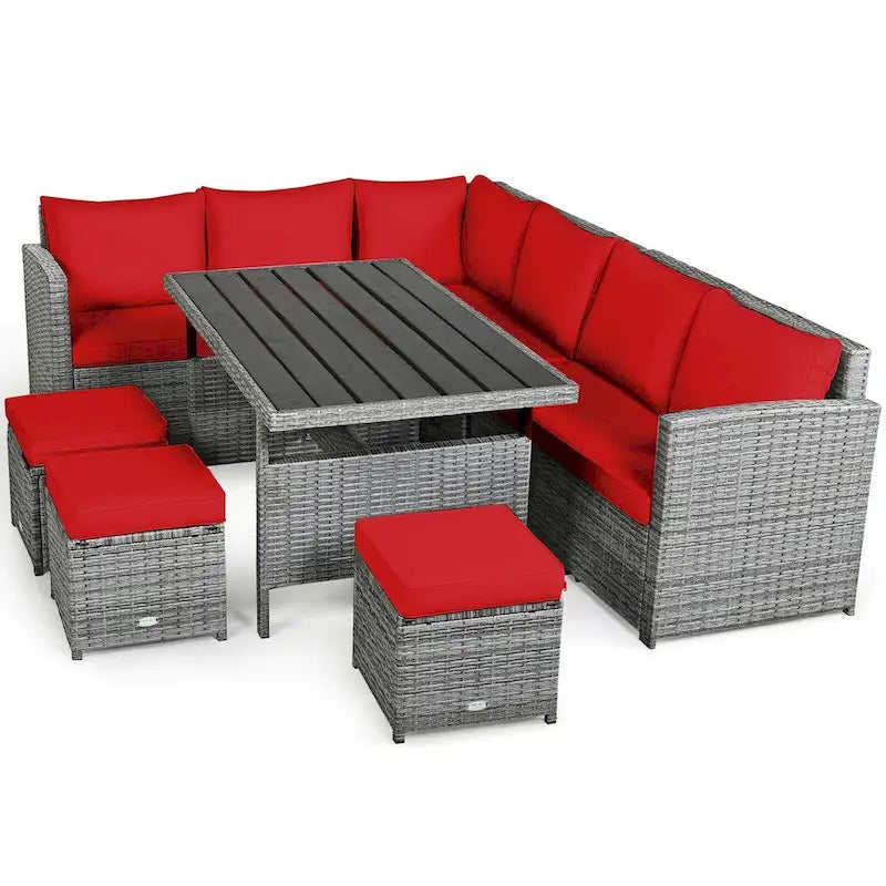 Ensemble de salle à manger d'extérieur en rotin 7 pièces avec canapé modulable, ottoman en osier et coussins moelleux