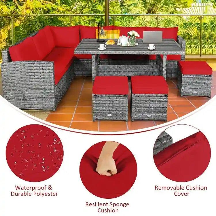 Ensemble de salle à manger d'extérieur en rotin 7 pièces avec canapé modulable, ottoman en osier et coussins moelleux