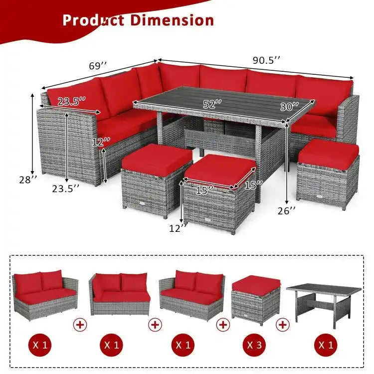 Ensemble de salle à manger d'extérieur en rotin 7 pièces avec canapé modulable, ottoman en osier et coussins moelleux