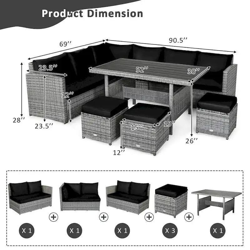 Ensemble de salle à manger d'extérieur en rotin 7 pièces avec canapé modulable, ottoman en osier et coussins moelleux