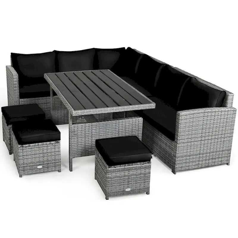 Ensemble de salle à manger d'extérieur en rotin 7 pièces avec canapé modulable, ottoman en osier et coussins moelleux