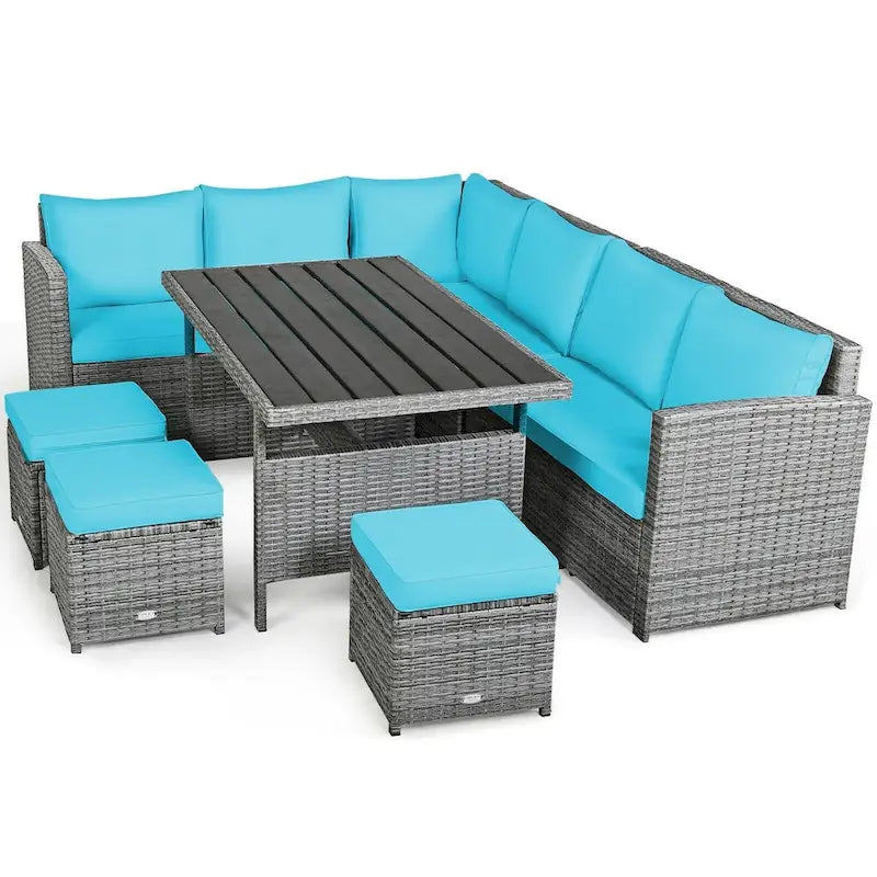 Ensemble de salle à manger d'extérieur en rotin 7 pièces avec canapé modulable, ottoman en osier et coussins moelleux