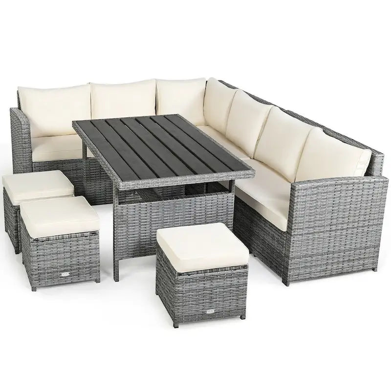 Ensemble de salle à manger d'extérieur en rotin 7 pièces avec canapé modulable, ottoman en osier et coussins moelleux