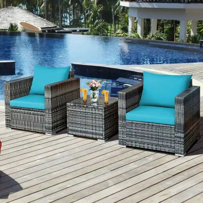Set da bistrò con divano in rattan da esterno a 3 pezzi con cuscini - 28,5 (L) x 27,5 (W) x 27 (H)