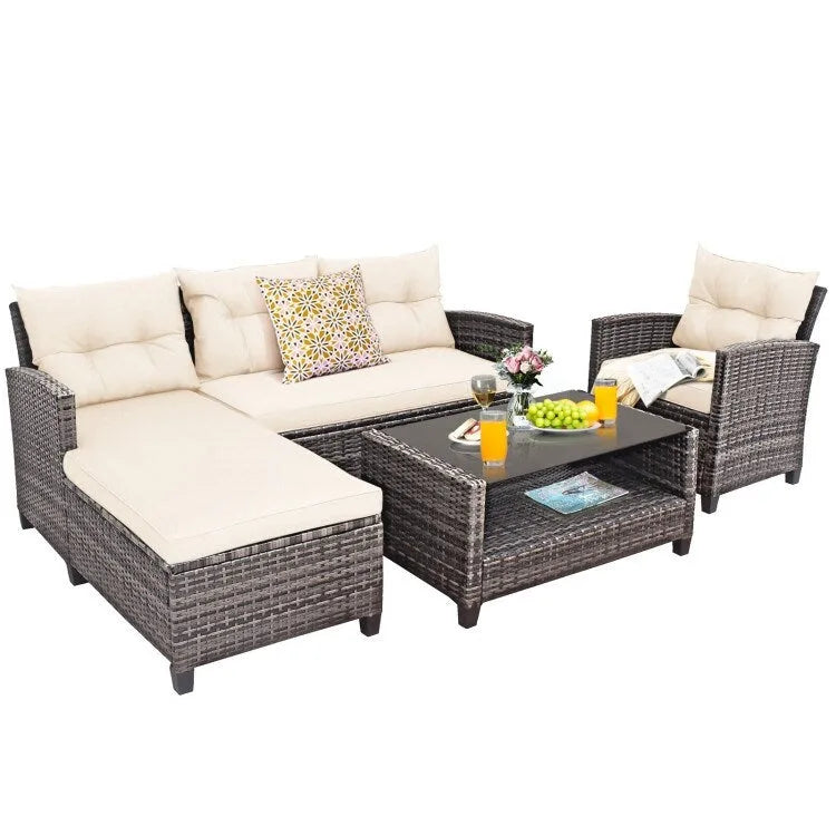 Set mobili da esterno in rattan 4 pezzi con cuscino e ripiano per tavolo - 27,5 x 47 x 30 (L x P x A)