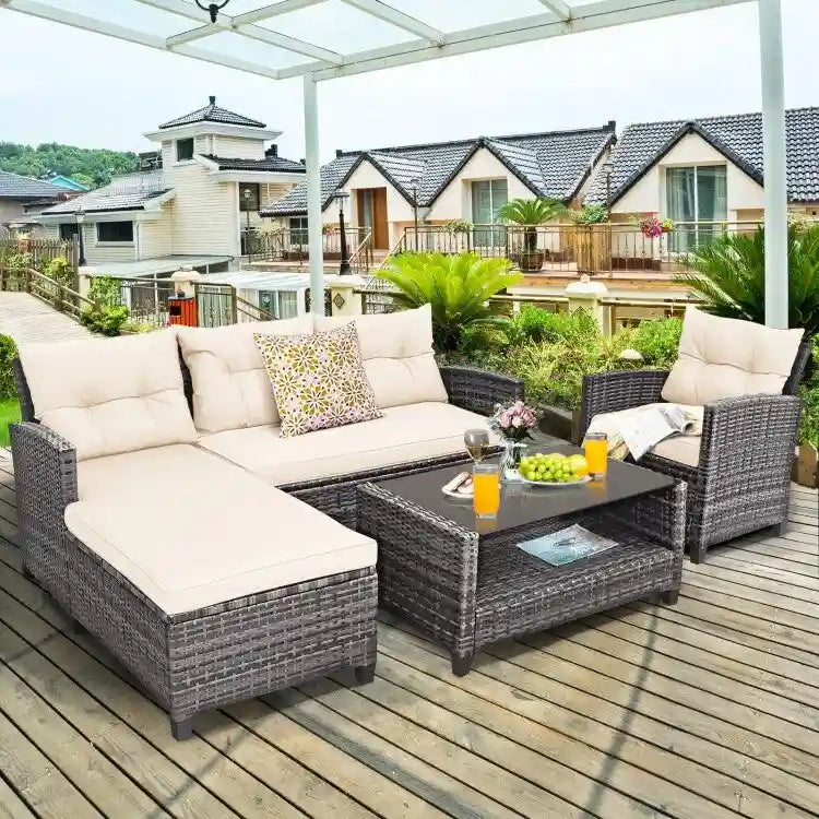 Set mobili da esterno in rattan 4 pezzi con cuscino e ripiano per tavolo - 27,5 x 47 x 30 (L x P x A)