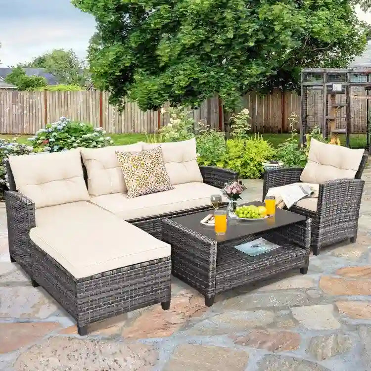 Set mobili da esterno in rattan 4 pezzi con cuscino e ripiano per tavolo - 27,5 x 47 x 30 (L x P x A)