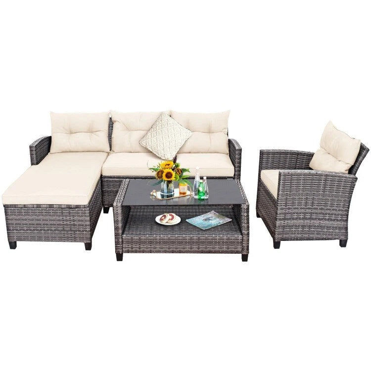 Set mobili da esterno in rattan 4 pezzi con cuscino e ripiano per tavolo - 27,5 x 47 x 30 (L x P x A)