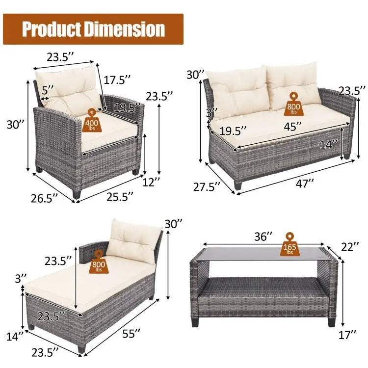 Set mobili da esterno in rattan 4 pezzi con cuscino e ripiano per tavolo - 27,5 x 47 x 30 (L x P x A)
