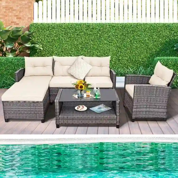 Set mobili da esterno in rattan 4 pezzi con cuscino e ripiano per tavolo - 27,5 x 47 x 30 (L x P x A)