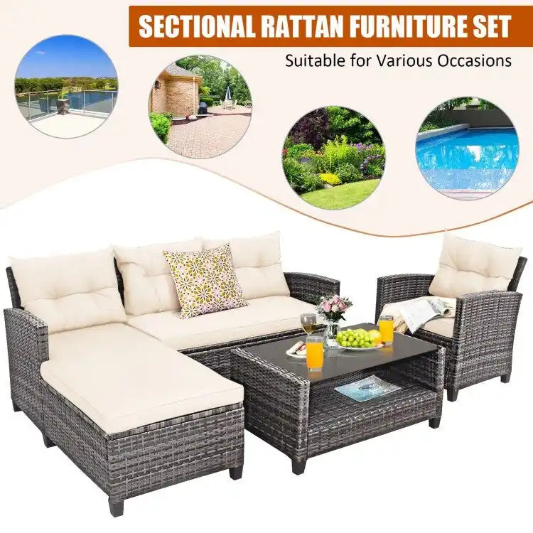 Set mobili da esterno in rattan 4 pezzi con cuscino e ripiano per tavolo - 27,5 x 47 x 30 (L x P x A)