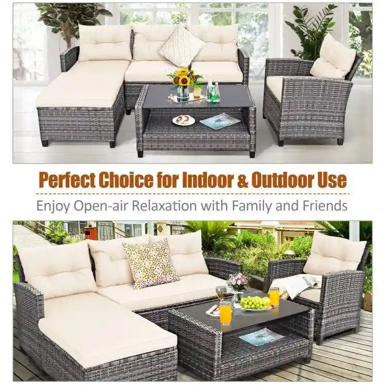 Set mobili da esterno in rattan 4 pezzi con cuscino e ripiano per tavolo - 27,5 x 47 x 30 (L x P x A)