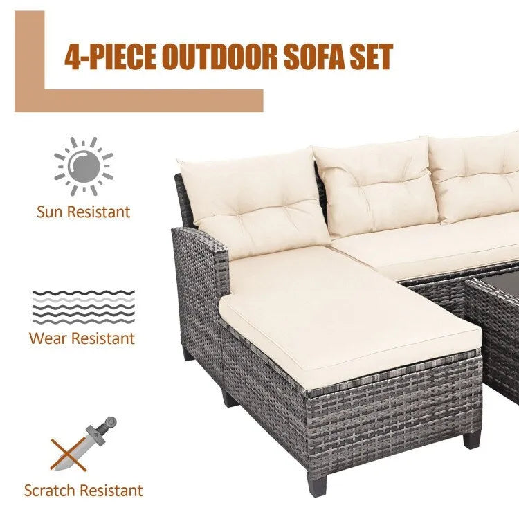 Set mobili da esterno in rattan 4 pezzi con cuscino e ripiano per tavolo - 27,5 x 47 x 30 (L x P x A)