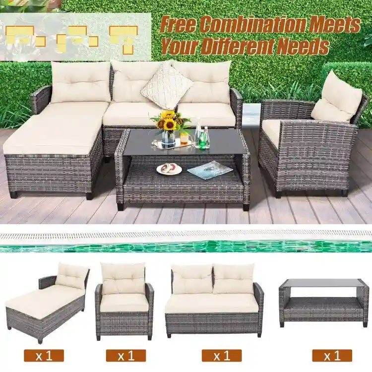 Set mobili da esterno in rattan 4 pezzi con cuscino e ripiano per tavolo - 27,5 x 47 x 30 (L x P x A)