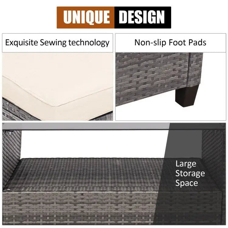 Set mobili da esterno in rattan 4 pezzi con cuscino e ripiano per tavolo - 27,5 x 47 x 30 (L x P x A)