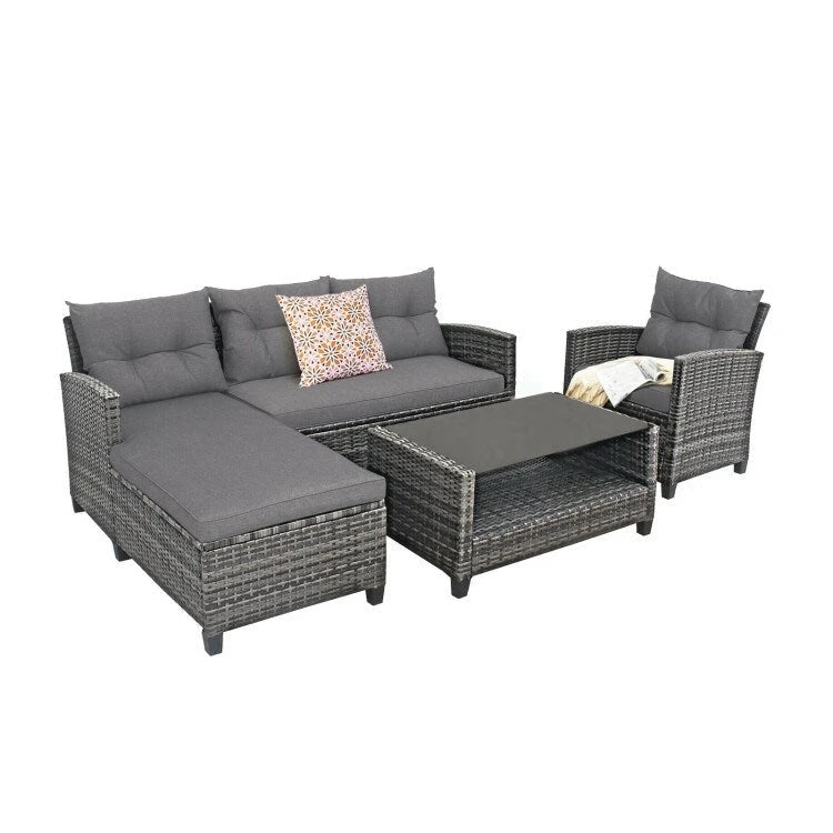 Set mobili da esterno in rattan 4 pezzi con cuscino e ripiano per tavolo - 27,5 x 47 x 30 (L x P x A)