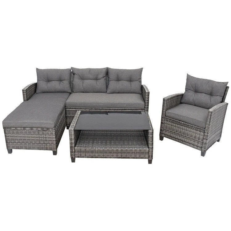 Set mobili da esterno in rattan 4 pezzi con cuscino e ripiano per tavolo - 27,5 x 47 x 30 (L x P x A)
