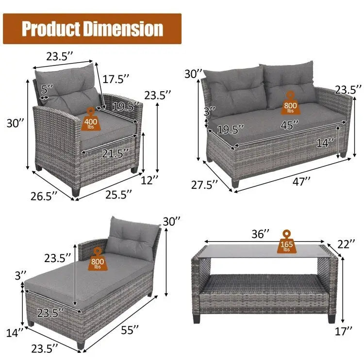 Set mobili da esterno in rattan 4 pezzi con cuscino e ripiano per tavolo - 27,5 x 47 x 30 (L x P x A)